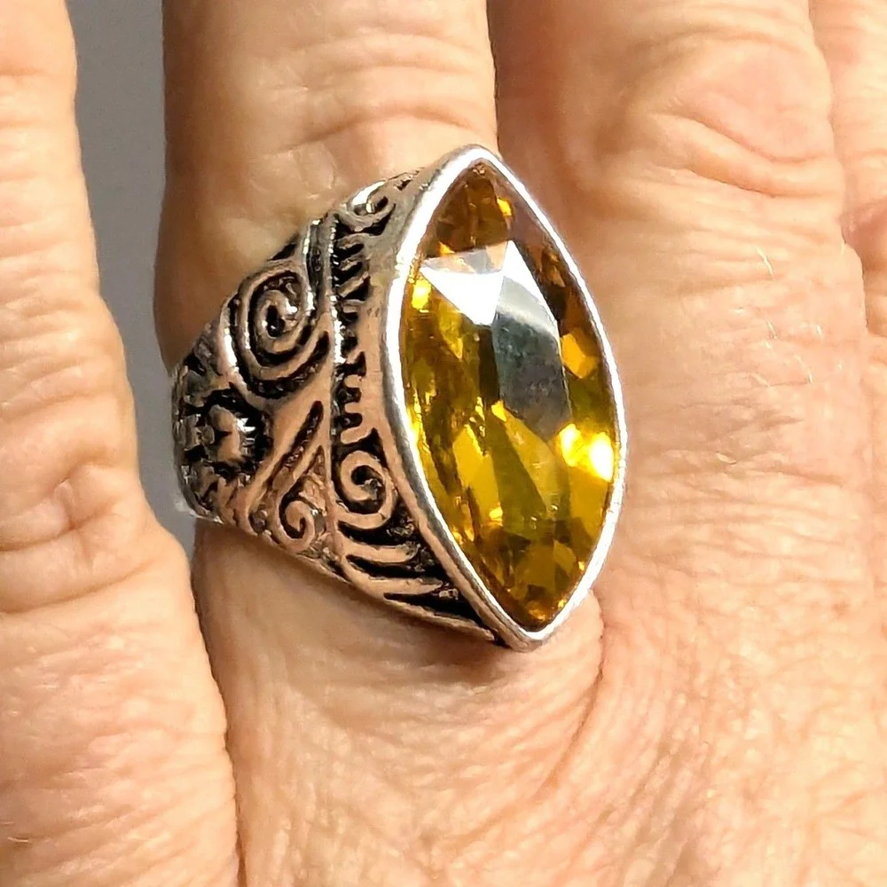 SilverTone Marquise Faceted Yellow Citrine November Statement Ring Plus‎ Size 11